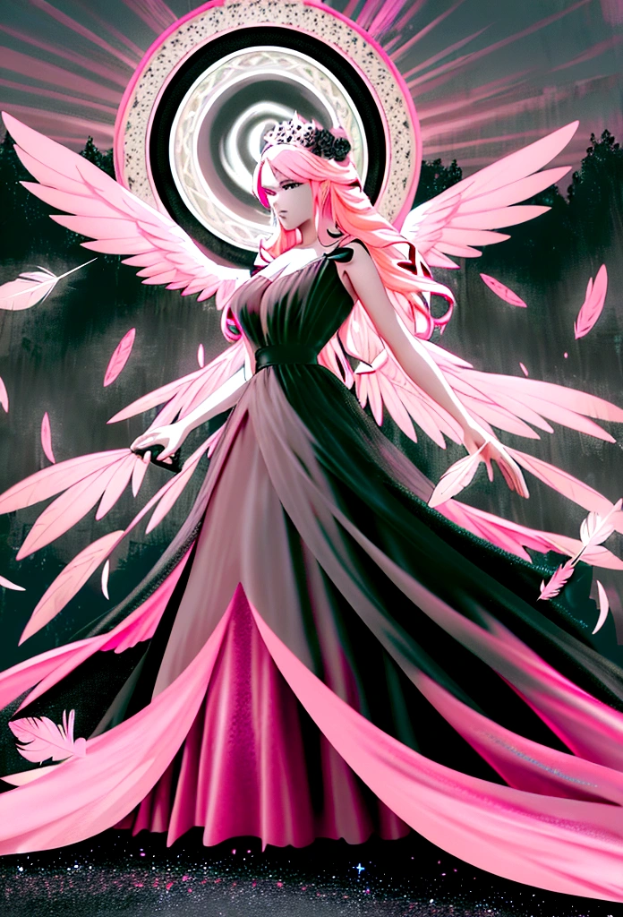 Arafed, a picture of a female angel in high society prom event, divine beautiful female angel, red hair, long hair, flowing hair, the hair glows in a soft light, cerulean eyes, deep light eyes, divine feminine  face, (spread white feather wings: 1.2), she wears a ((pink and black evening dress: 1.5)), elegant, intricate detailed dress, silk dress, small cleavage, some crystals on the dress,  she wears elegant knee high heeled boots, exquisite knee high heeled boots, she stands on the porch of a fantasy castle, dynamic angle, soft torch light, (Masterpiece: 1.5), 16k, highres, best quality, high details, ultra detailed, masterpiece, best quality, (extremely detailed), AngelStyle, GlowingRunesAI_paleblue, angel_wings, Angel