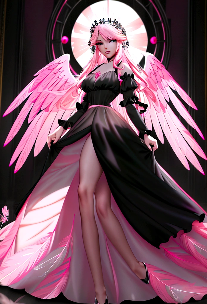 Arafed, a picture of a female angel in high society prom event, divine beautiful female angel, red hair, long hair, flowing hair, the hair glows in a soft light, cerulean eyes, deep light eyes, divine feminine face, (spread white feather wings: 1.2), she wears a ((pink and black evening dress: 1.5)), elegant, intricate detailed dress, silk dress, small cleavage, some crystals on the dress, she wears elegant knee high heeled boots, exquisite knee high heeled boots, she stands on the porch of a fantasy castle, dynamic angle, soft torch light, (Masterpiece: 1.5), 16k, highres, best quality, high details, ultra detailed, masterpiece, best quality, (extremely detailed), AngelStyle, GlowingRunesAI_paleblue, angel_wings, Angel