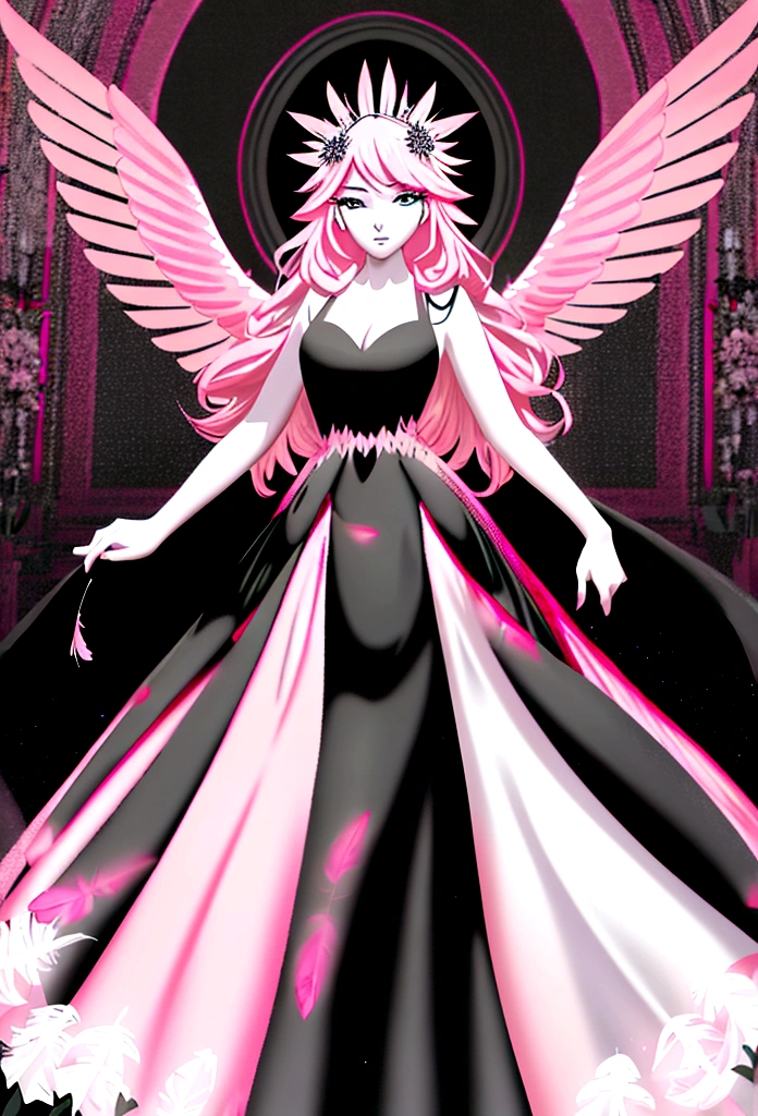 Arafed, a picture of a female angel in high society prom event, divine beautiful female angel, red hair, long hair, flowing hair, the hair glows in a soft light, cerulean eyes, deep light eyes, divine feminine face, (spread white feather wings: 1.2), she wears a ((pink and black evening dress: 1.5)), elegant, intricate detailed dress, silk dress, small cleavage, some crystals on the dress, she wears elegant knee high heeled boots, exquisite knee high heeled boots, she stands on the porch of a fantasy castle, dynamic angle, soft torch light, (Masterpiece: 1.5), 16k, highres, best quality, high details, ultra detailed, masterpiece, best quality, (extremely detailed), AngelStyle, GlowingRunesAI_paleblue, angel_wings, Angel