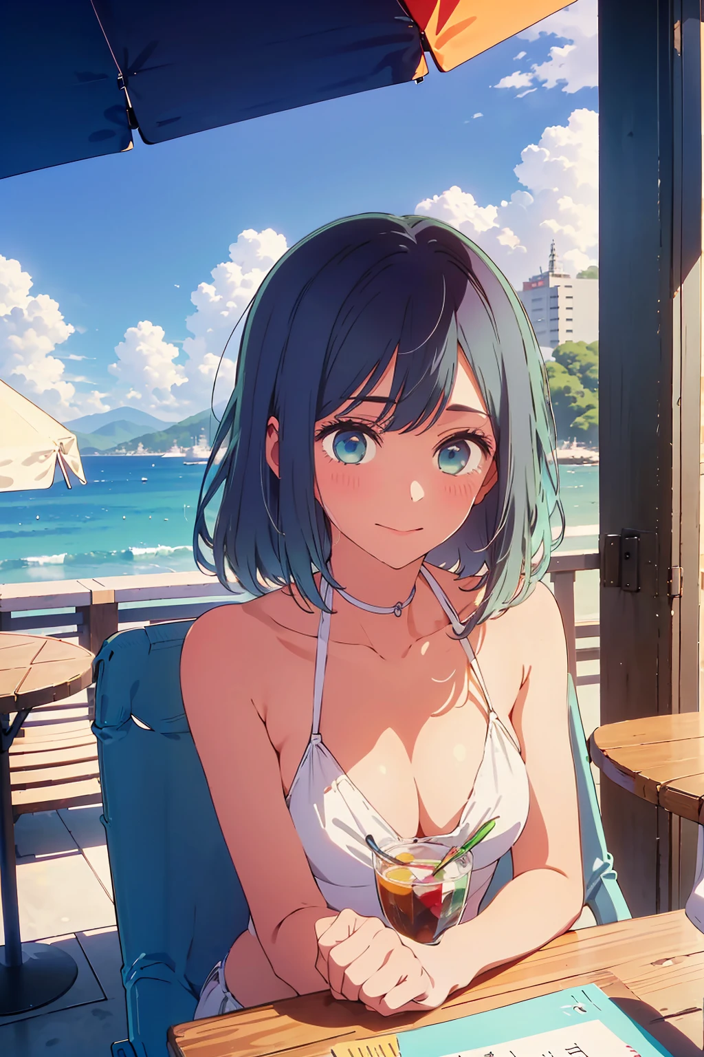 (Highest quality:1.4、8k:1.4,detailed),F cup bust、Big Breasts、Slim and beautiful arms、Slim body、Very white beautiful skin、((((1 person、smile、Swimwear、smile、sit、Chair、In the background are the urban buildings of Tokyo、Outdoor café terrace、coastal、Navy hair color、juice、table、She is wearing a white side-string high-leg bikini、Pose to hide the chest、Get up close and take a photo、Looking up、Very cute face))))、looking at the camera、Very beautiful face、Very blue sky、A completely cloudless sky、She tilted her head slightly、The atmosphere is bright and lively、The woman is at the center of the image。