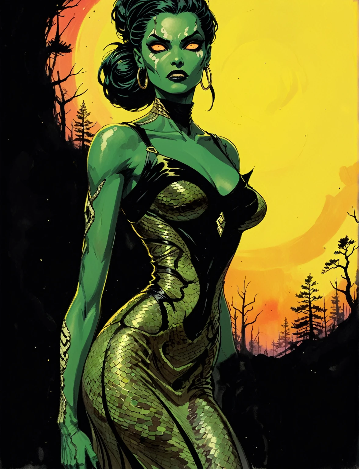 Medusa, wearing snake skin dress cosmic abyss velvet black dress, only light source dazzling glistening reflections of starlight and moonlight off elegant and eloquent dress, unfinished expressive rough-sketch splash page decompressed comic cover art, ink style figure, ((expressive Joelle Jones and "Sean Gordon Murphy" comic drawing)), wordless, cinematic poster, morphology anatomy drawn Frederic Delavier musculature anatomical illustration, (face, ornate blackmetal corpsepaint, resembles Grace Jones), abyss void black no visibility darkness, full length portrait, (background, pine barrens, entropy, rewilding, magic hour sunset, galaxy stars, cosmos), (colors, bleak muted deep fiery radiant glowing ROYGBIV, forest green, earth brown), candid, snake skin dress, (body, Naga, snakefolk, lower body snake tail, snake woman hybrid, bald, hairless, skeleton, snake skin tattoos, piercing eyes, snake pupils, over the shoulder), craftsmanship nuance, (Gerardo Zaffino charcoal), (horror, abstract, surreal, body, cosmic), subliminal orchids, nyctophobia, silhouette, double exposure, image within image,