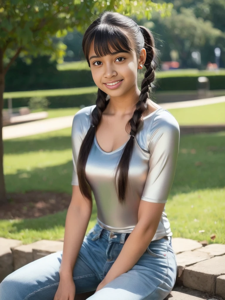 Portrait of an 18 year old cute it teen, healthy, beautiful Indian girl, 2 ponytails, cute and shy, blush, naughty and playful smile at viewer, (((tight silk top))), jeans pants, full body, bangs,  at the park, sexy, ultra realistic, photorealistic, detailed, fair skin, 8K detailed, [unconcerned, NSFW, ],