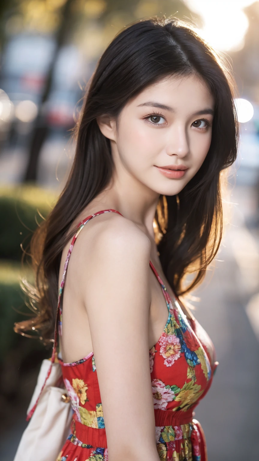 ((Best quality, 8K, masterpiece:1.3))，1girl，18 years old，Asian，Real texture:1.3，(Background blur:1.1)，Gorgeous long dress，Tall and slender figure:1.2，(Hot summer weather)，（street:1.3），Highly detailed face and skin textures，Exquisite eyes，Long eyelashes，Double eyelids，Skin Whitening，happy，Various postures，Big breasts