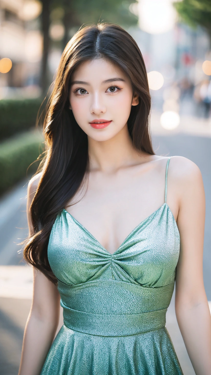 ((Best quality, 8K, masterpiece:1.3))，1girl，18 years old，Asian，Real texture:1.3，(Background blur:1.1)，Gorgeous long dress，Tall and slender figure:1.2，(Hot summer weather)，（street:1.3），Highly detailed face and skin textures，Exquisite eyes，Long eyelashes，Double eyelids，Skin Whitening，happy，Various postures，Big breasts
