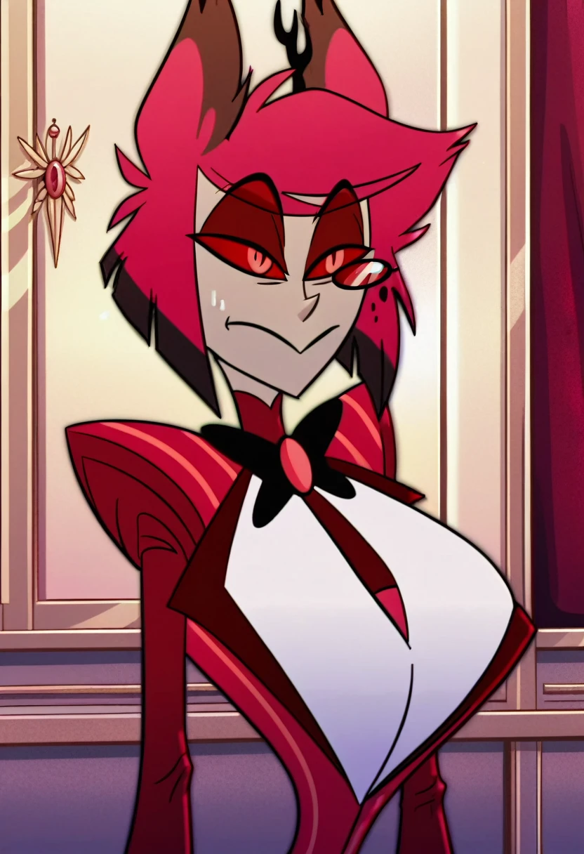 alastor, solo, standing, (huge breasts), grey skin, red suit, monocle, BREAK score_9, score_8_up, score_7_up, score_6_up, (((screencap)))