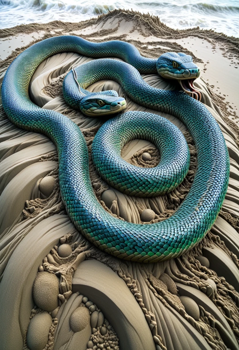 Sand sculpture style,  Thousand-scaled water snake：这条Thousand-scaled water snake的身体覆盖着无数细小的鳞片，Each piece shines with green and blue luster，It seems to be the essence of the sea condensed。It meanders on the rough sea，Every twist creates ripples，Its eyes are like two deep sea pearls.，Revealing unfathomable wisdom。，Strong sense of déjà vu。