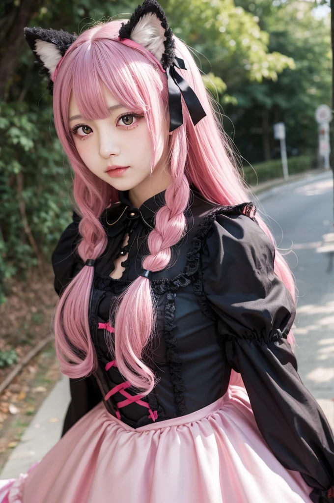 Wolf Girl、Red Eyes、pink ribbon hair ornament、Gothic Lolita Costume