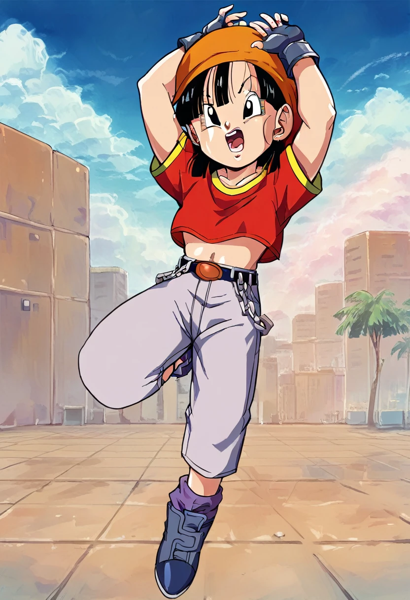 pan \(dragon ball\), short hair, bangs, black hair, black eyes, posing with her arms up, thick thighs, curvy, big ass, shorts
