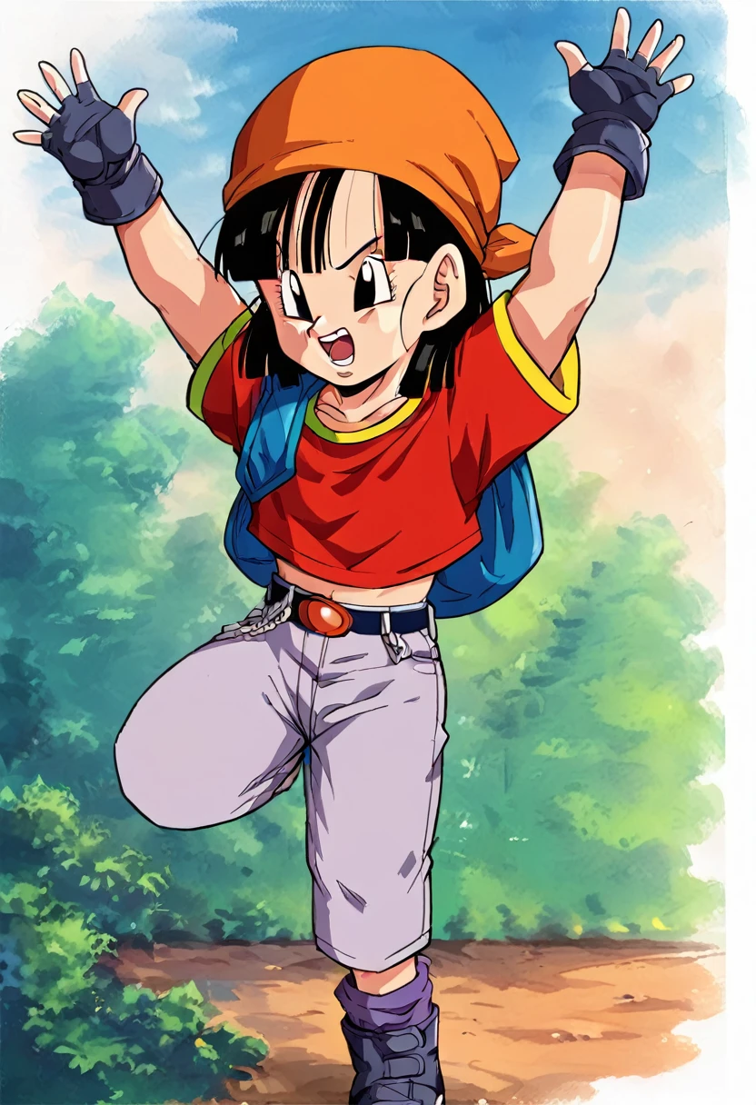 pan \(dragon ball\), short hair, bangs, black hair, black eyes, posing with her arms up, thick thighs, curvy, big ass, shorts