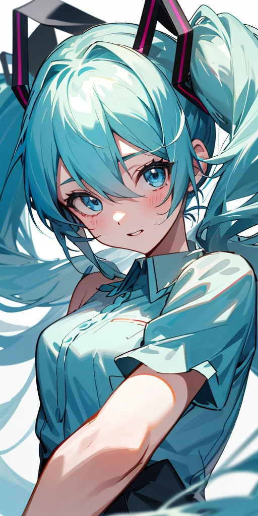 hatsune_miku, hatsune miku, 1 girl、one person、blue clothes that clearly show your body shape、blue hair、twintail、beautiful blue eyes、intense joy on the face、I love you、upper body close-up