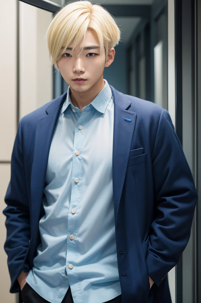 Korean man with blonde and blue hair
