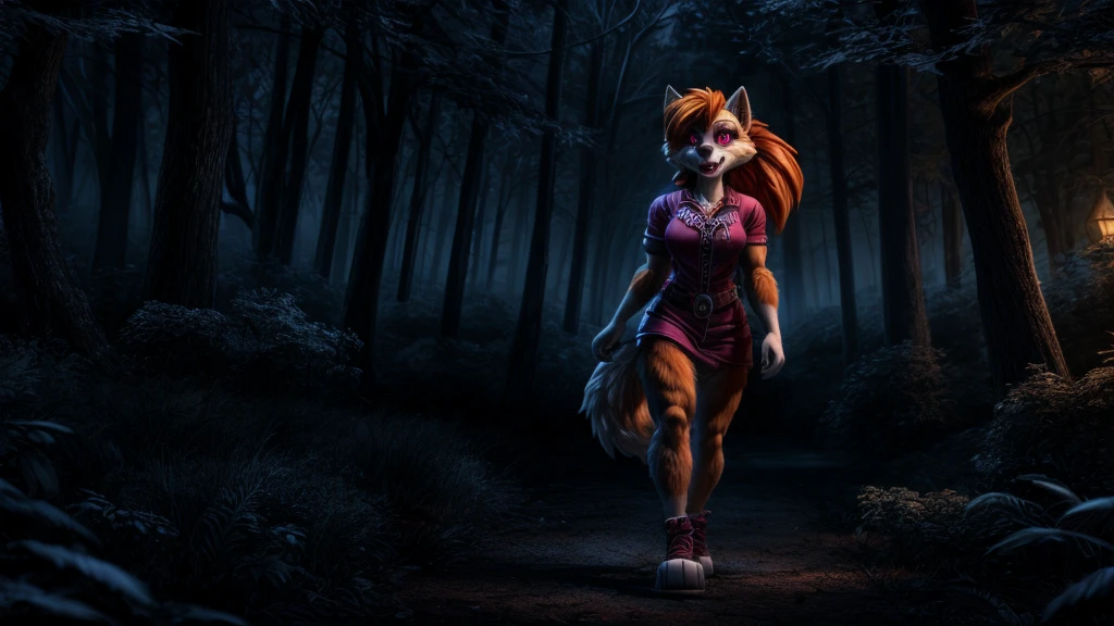 Skye from Paw Patrol, as a female wolf, anthro, orange hair, magenta eyes, fluffy fur, tall, muscular, bloody mouth, forest, dark, night, detailed, solo, beautiful, high quality, 4K