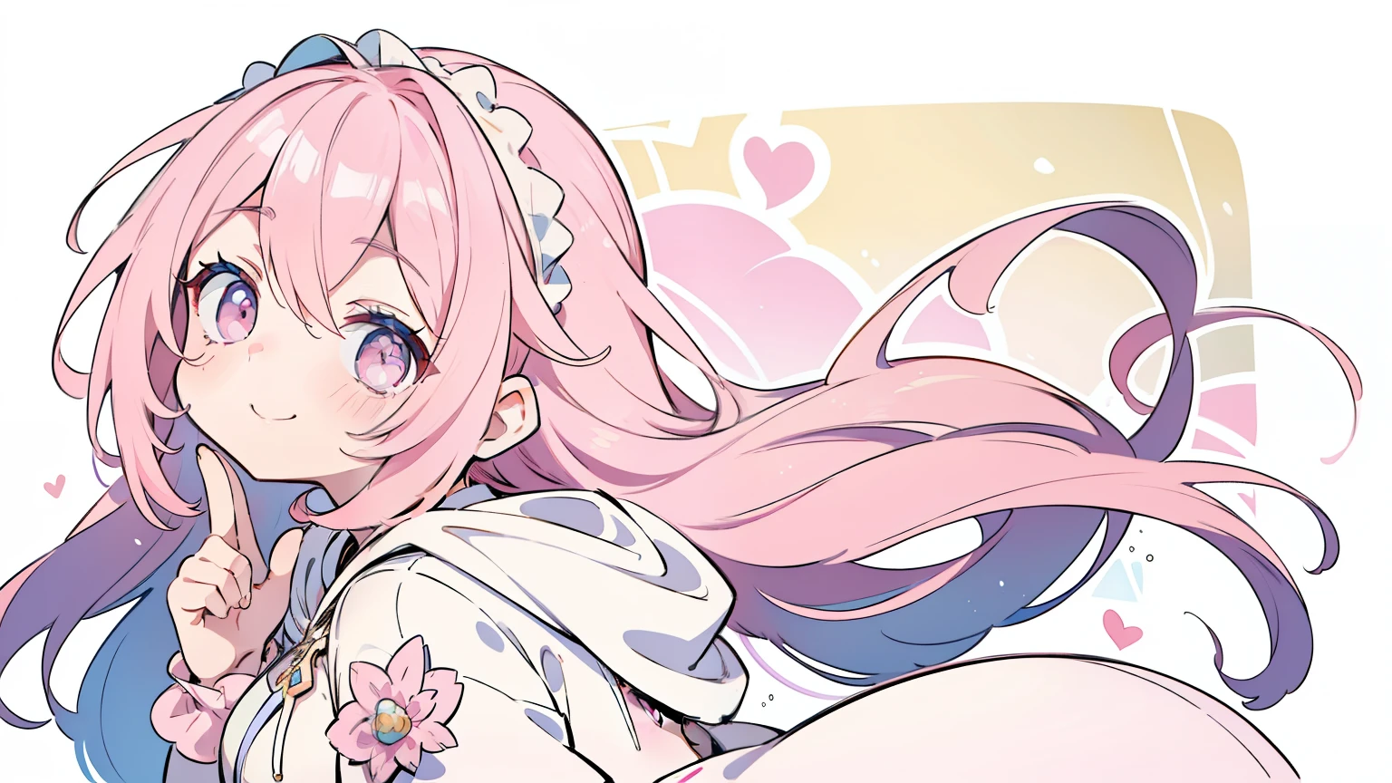 masterpiece, beautiful detailed, {wearing hoodie}, pastel color, pink Eyes, pink hair, layered hair, 1girl, smile, look back, medium breasts, hair scrunchie, {{{{{Alphonse Mucha}}}}},{{{bold outline}}}, limited palette