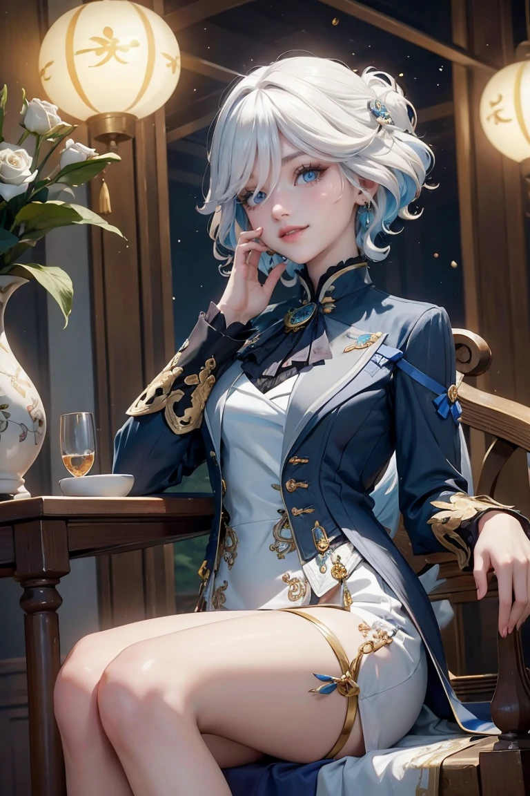 1girl, white roses, ornament hair, white roses on her hair, holding a lantern, perfectly body, perfectly hands, white hair, blue hair, wave hair, long hair, seat on a her knees, chinese home style, oriental architecture, gold lantern, white dress, more details on her clothes, golden details, night, smiling, coat, two legs, two arms, two hands, five fingers