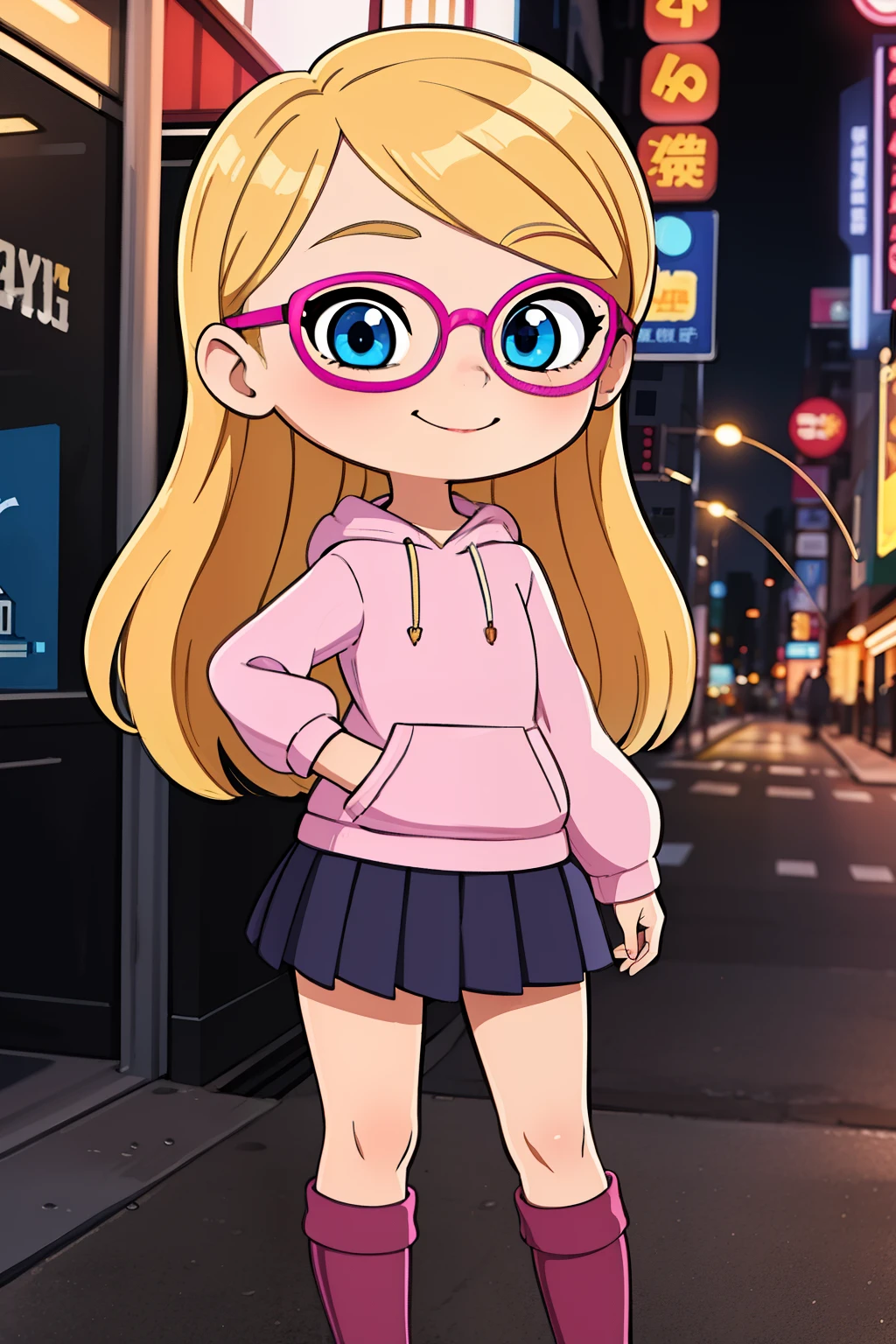 ((masterpiece, best quality, ultra-detailed, very fine 8KCG wallpapers)), 1girl, solo, penny peterson, long hair, blonde hair, pink highlights on her hair, blue eyes, magenta glasses, bright pink hoodie, dark lavender pleated skirt, white puffy trim, maroon leggings, pink boots, city, park, new york city,