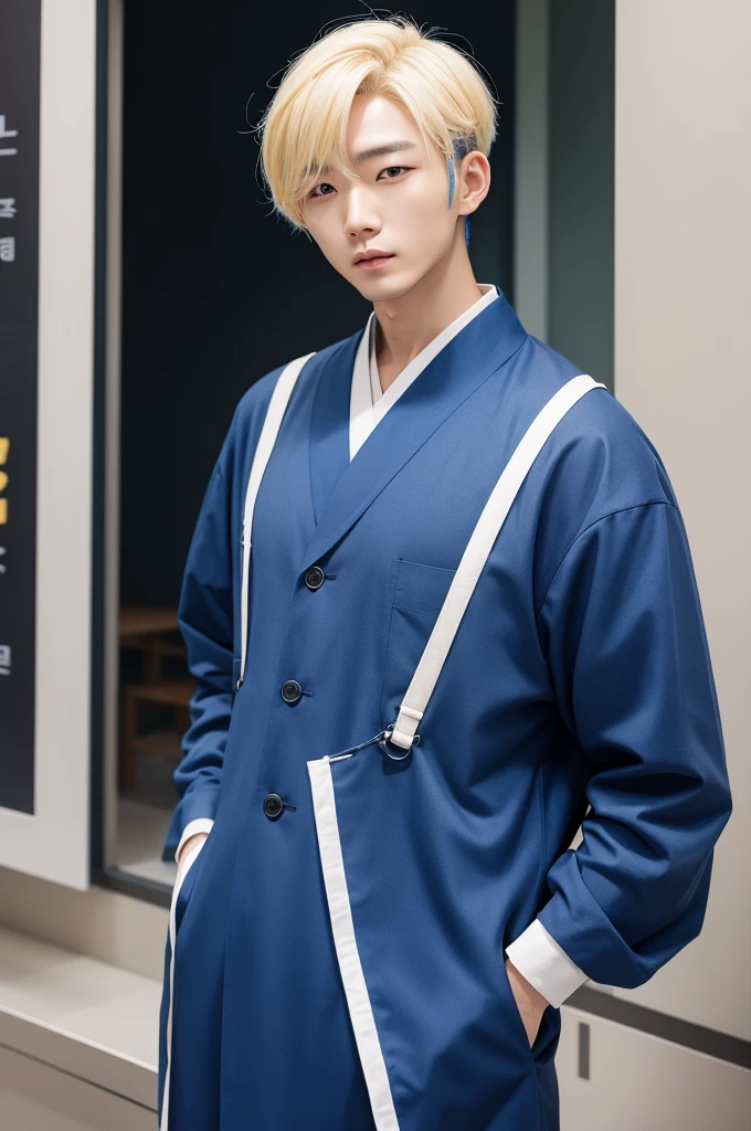 Korean man with blonde and blue hair