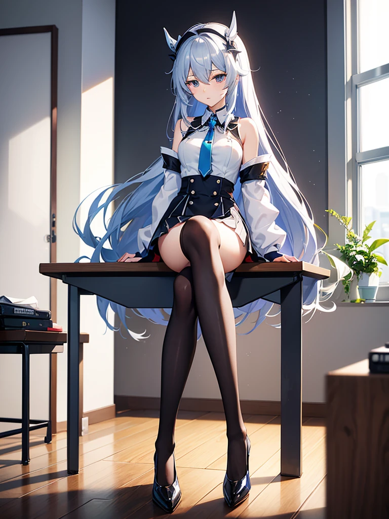 anime girl sitting on a desk with her legs crossed, office clothes, on a desk, thighhighs and skirt, sitting on a desk, tight attire, trending on cgstation, good hips and long legs, standing on a desk, elegant legs, sexy pose, long legs, (sfw) safe for work, business attire, nice legs, photorealistic perfect body, kafka from honkai star rail