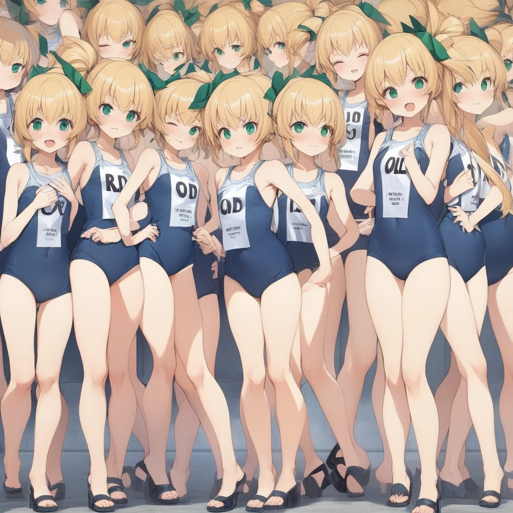 Short stature,flat chest,clone girls,extremely number of clone girls, blond hair, green eyes,roll(mega man classic),swimsuit roll(mega man x dive old design),high ponytail hair,Sleeveless navy one piece old type school swimsuit with white stripes from armpit to flank,white name tag, navy heeled sandals, green ribbon,human appearance,same height,same appearance, same face,fill the entire image, absolutely everyone, many clone, masterpiece, best quality,insanely detailed, 20000+ clone girls, perfect features,multiple clone girls,same school swimsuit,same hair,official art,girls only,extremely full of extremely crammed,huge crowd,densely packed