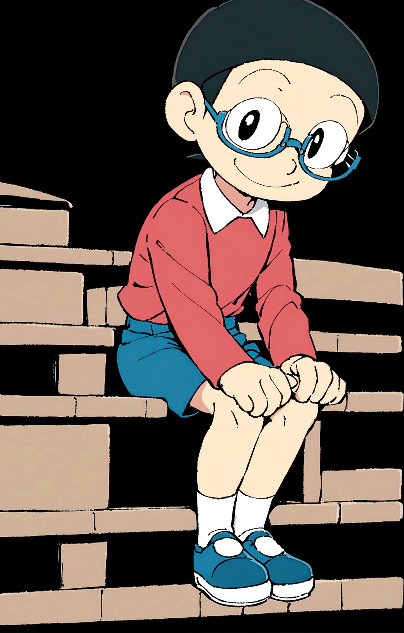 Nobita Nobi,solo, smile, simple background, shirt, black hair, long sleeves, 1boy, sitting, full body, male focus, shoes, glasses, shorts, socks, collared shirt, black background, red shirt, blue shorts, blue footwear, stairs