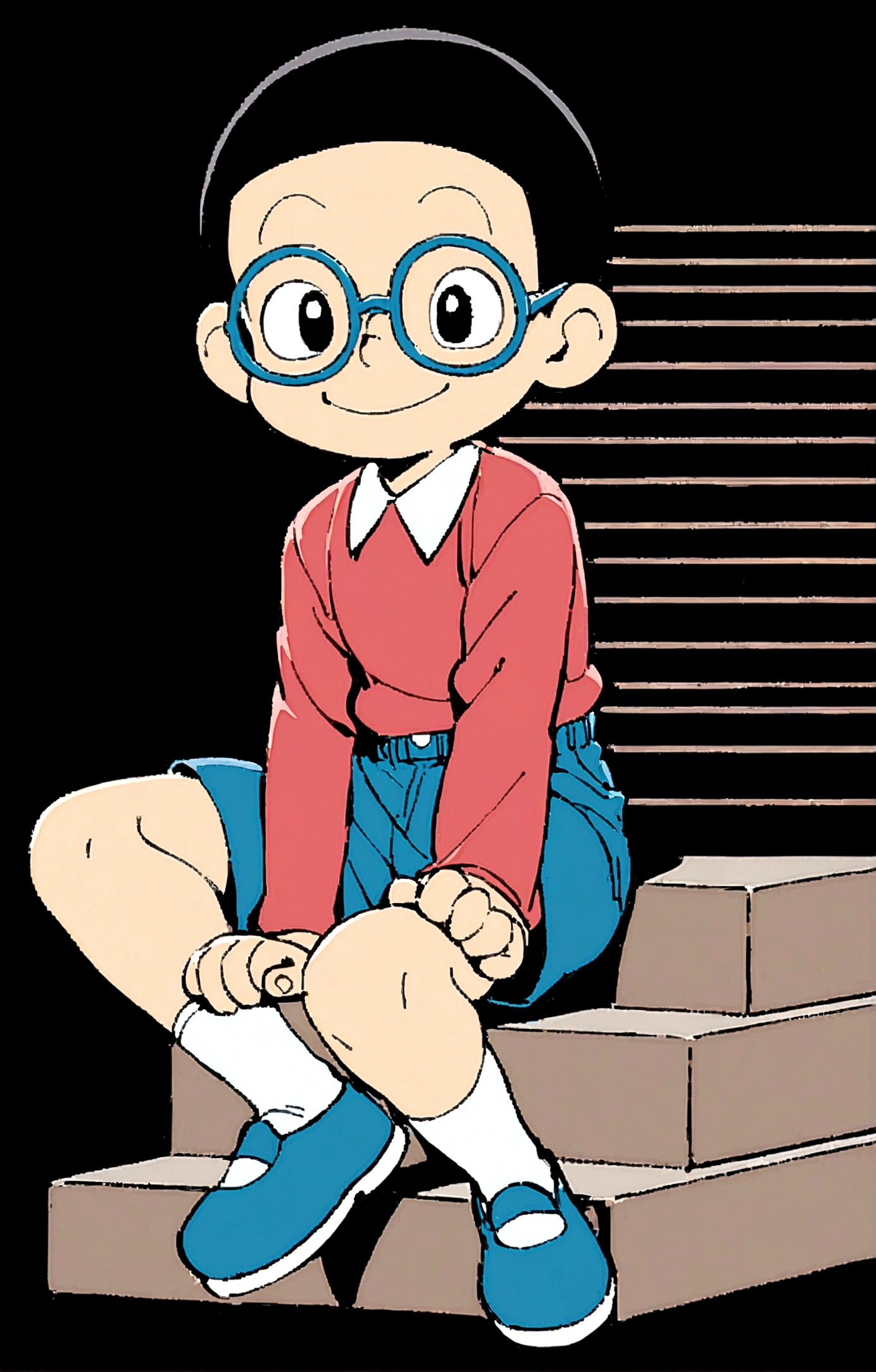 Nobita Nobi,solo, smile, simple background, shirt, black hair, long sleeves, 1boy, sitting, full body, male focus, shoes, glasses, shorts, socks, collared shirt, black background, red shirt, blue shorts, blue footwear, stairs