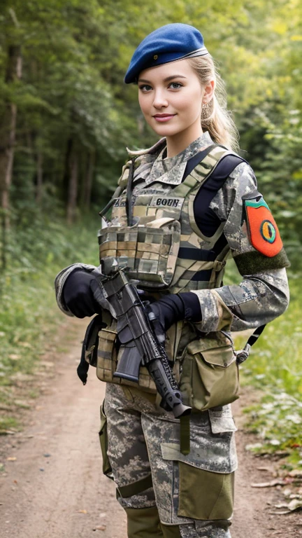 Front view, full body, standing, looking at viewer,  1 female is Denmark princess, White girl ,Age: 20 age-old,  blond hair,  chignon, detailed blue eye,little smile,((( Denmark military camouflaged uniform set:1.3))),  (camouflaged glove:1.3), (((Green beret))), armed with 2 pistols, in combat, realistic uniform, fit, chest protection, united states military, camouflaged, American patter, American patch bulletproof vest, covered skin, bullet proof vest, weapon, gun, (((assault rifleM4a1, M4a1 sopor, standing))), stand on battle field, forest,  accurate, anatomically correct, textured skin, super detail, high details, high quality, best quality, 4K,