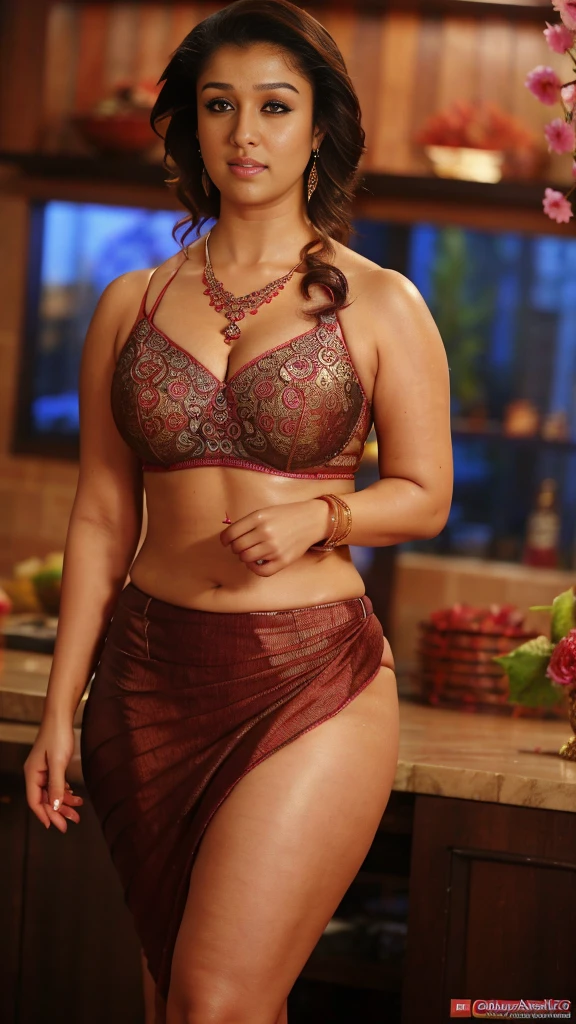 Standing front view, extreme close up photo of back of nayanthara with rose lace saree, big cheeks, curvy, hourglass figure, swooping breasts, deep cleavage, open arms, sexy armpits, holding vessel and standing with wide open spread legs in kitchen, necklace, (cinematic:1.3), intricate details, (ArtStation:1.2)