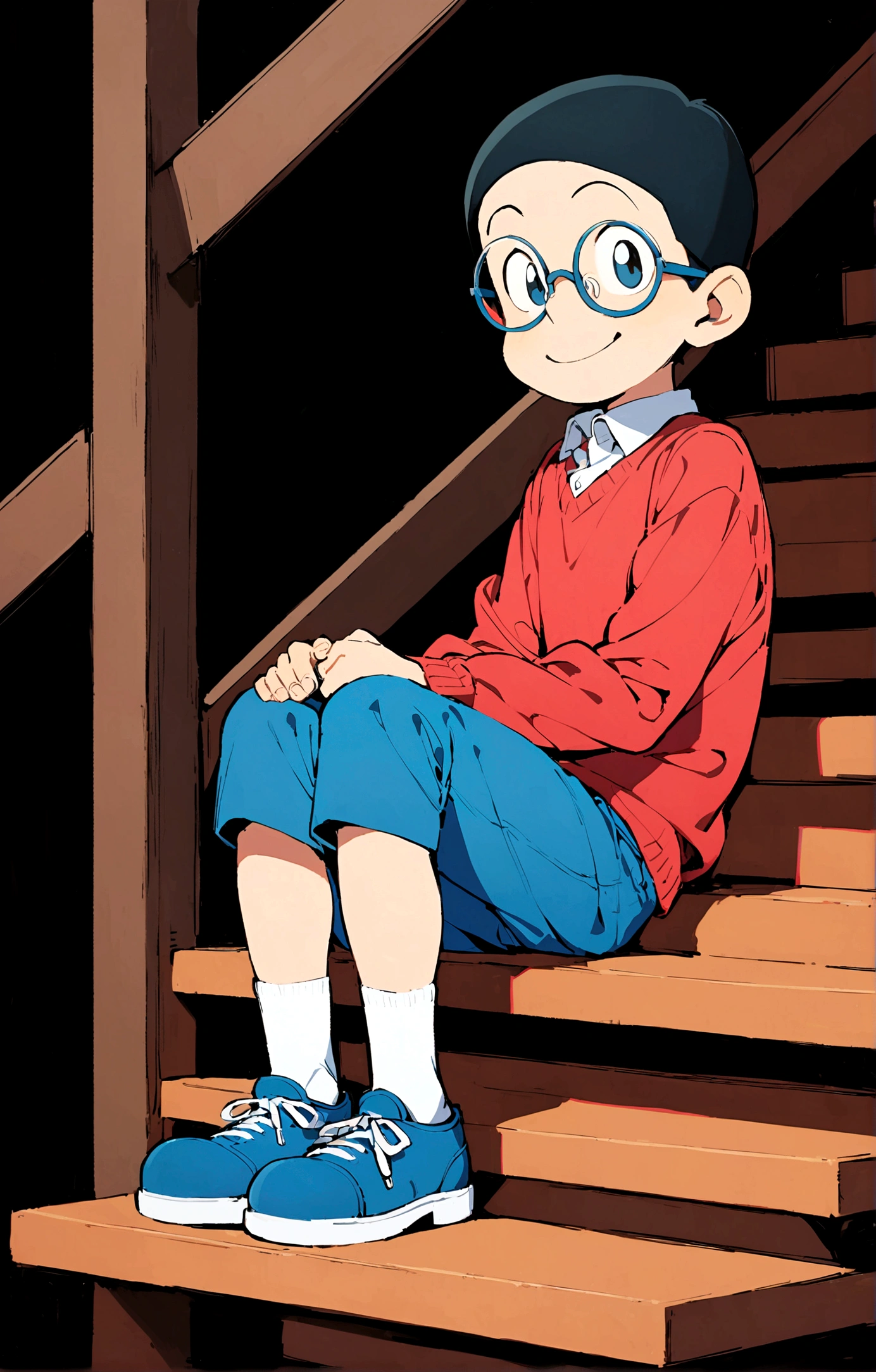 Nobita Nobi,solo, smile, simple background, shirt, black hair, long sleeves, 1boy, sitting, full body, male focus, shoes, glasses, shorts, socks, collared shirt, black background, red shirt, blue shorts, blue footwear, stairs