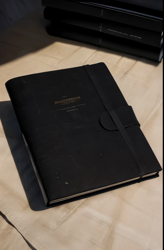 a black notebook on a bed, realistic, messy bed, slightly blurred, natural lighting, uncluttered background, minimalist style, textured paper, worn edges, soft shadows, photorealistic, 8k, master piece, high quality, detailed description, dramatic lighting, natural shadows, detailed textures, warm color tones, soft focus