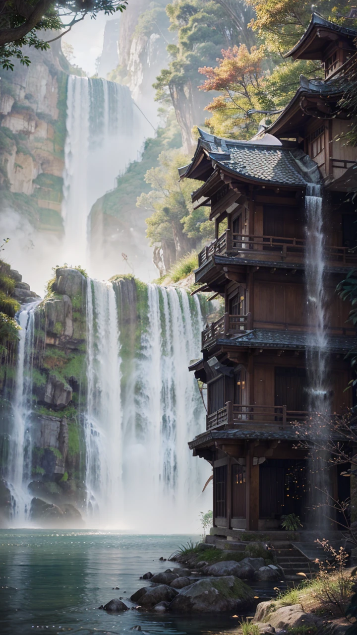a beautiful, serene waterfall with a traditional Japanese pagoda nestled in the background, fantasy matte painting, cute, scenery artwork, game art matte painting, illustration matte painting, dota! matte painting concept art, dota matte painting concept art, 2.5d cgi anime fantasy artwork, dreamy matte painting, fantasy matte painting, avatar landscape, game map matte painting, lush vegetation, flowing water, dramatic lighting, intricate details, vibrant colors, sense of depth, cinematic composition, digital painting, highly detailed, photorealistic, masterpiece, award-winning