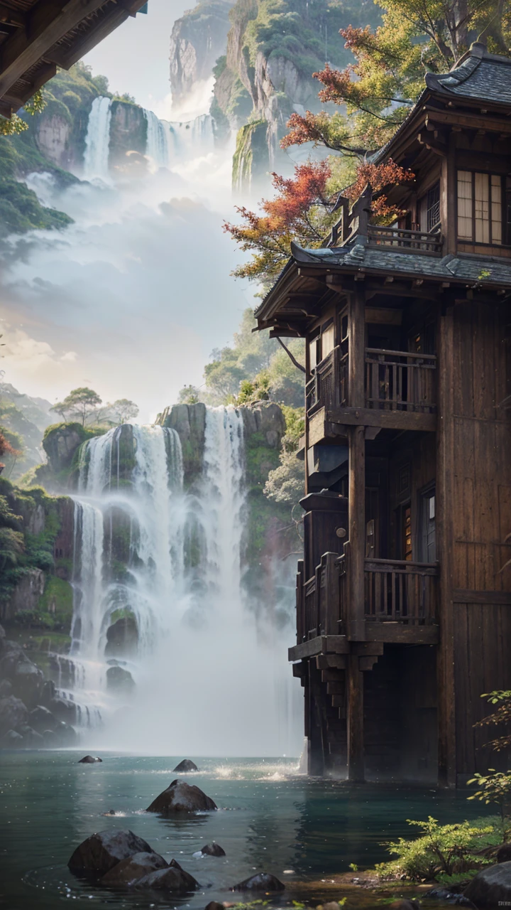 a beautiful, serene waterfall with a traditional Japanese pagoda nestled in the background, fantasy matte painting, cute, scenery artwork, game art matte painting, illustration matte painting, dota! matte painting concept art, dota matte painting concept art, 2.5d cgi anime fantasy artwork, dreamy matte painting, fantasy matte painting, avatar landscape, game map matte painting, lush vegetation, flowing water, dramatic lighting, intricate details, vibrant colors, sense of depth, cinematic composition, digital painting, highly detailed, photorealistic, masterpiece, award-winning