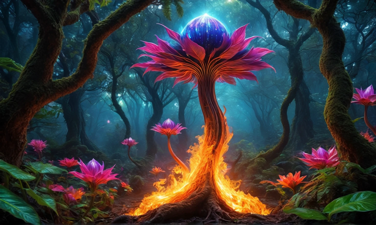 (best quality,4k,highres,masterpiece:1.2),ultra-detailed,realistic,portrait,alien,fire magic plant,unbelievable eyes,fantasy creature,glowing colors,luminous plant,extraterrestrial,flame-like leaves,surreal landscape,eerie atmosphere,otherworldly beauty,ethereal glow,unique species,magical powers,mysterious entity,dreamlike scene,fantastic species,enchanted forest,unearthly presence,mesmerizing gaze,unconventional appearance,radiant energy,powerful aura,magical essence,cosmic being,other-dimensional,mythical plant,unexplained phenomenon,colorful blooms,unleashing power,darkness and light,hidden secrets,unveiling mysteries,secrets of the universe,living masterpiece,manifestation of magic.