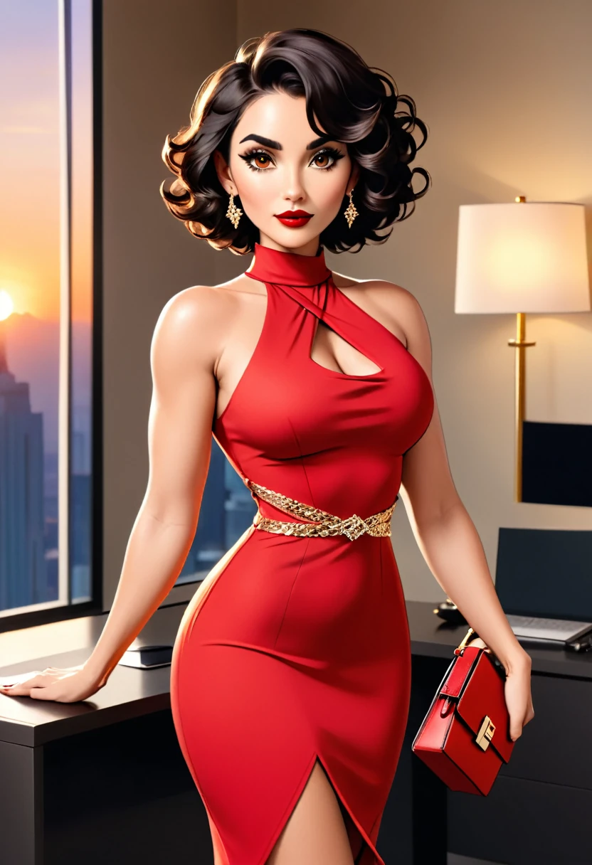 Beautiful woman with short curly dark hair with a bob cut with brown eyes wearing a Mock Neck Cut Out Dress,  Criss Cross Mock Neck Sleeveless Dress, luxurious jewelry, 18k gold wedding ring on left hand, standing in an office room at sunset carrying a luxurious handbag (red lipstick),(elegant mascara),(muscular body with abs),(big ) midjourney, <lora:GoodHands-, <lora:GoodLegs-, UHD, high resolution, (masterpiece:1.1, best quality), (expressive eyes, perfect face, full body, expressive face, perfect body, athletic, fit, slim body, blushing, Perfect makeup, eyeliner, beautiful eyelashes, smiling,  face), ((best illumination, best shadows))
