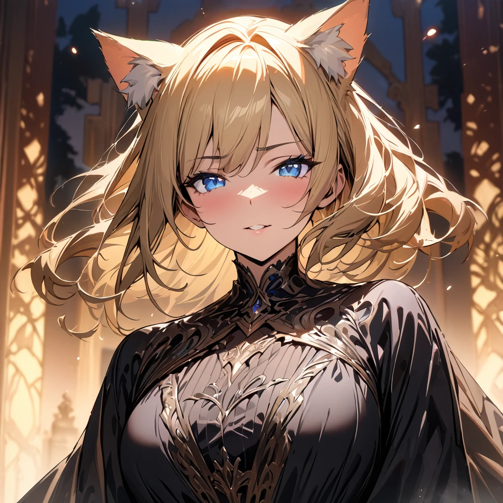 girl, blond hair, blue eyes, cat ears, pretty, mature, m Main face, front face, (beautiful Background,detailed background:1.5), (masterpiece, best quality:1.3),beautiful detailed glow, best light,high resolution,detailed,dynamic ligt