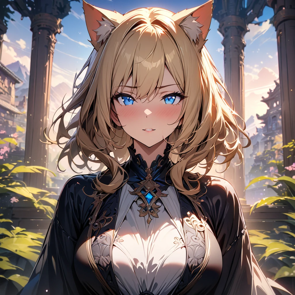 girl, blond hair, blue eyes, cat ears, pretty, mature, m Main face, front face, (beautiful Background,detailed background:1.5), (masterpiece, best quality:1.3),beautiful detailed glow, best light,high resolution,detailed,dynamic ligt
