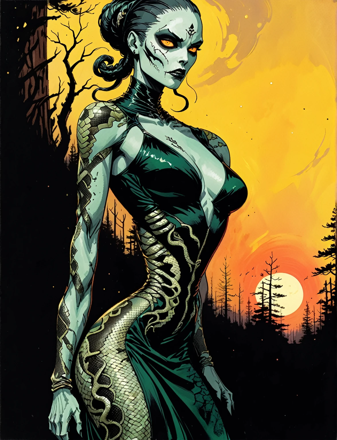 Medusa, wearing snake skin dress cosmic abyss velvet black dress, only light source dazzling glistening reflections of starlight and moonlight off elegant and eloquent dress, unfinished expressive rough-sketch splash page decompressed comic cover art, ink style figure, ((expressive Joelle Jones and "Sean Gordon Murphy" comic drawing)), wordless, cinematic poster, morphology anatomy drawn Frederic Delavier musculature anatomical illustration, (face, ornate blackmetal corpsepaint, resembles Grace Jones), abyss void black no visibility darkness, full length portrait, (background, pine barrens, entropy, rewilding, magic hour sunset, galaxy stars, cosmos), (colors, bleak muted deep fiery radiant glowing ROYGBIV, forest green, earth brown), candid, snake skin dress, (body, Naga, snakefolk, lower body snake tail, snake woman hybrid, bald, hairless, skeleton, snake skin tattoos, piercing eyes, snake pupils, over the shoulder), craftsmanship nuance, (Gerardo Zaffino charcoal), (horror, abstract, surreal, body, cosmic), subliminal orchids, nyctophobia, silhouette, double exposure, image within image,
