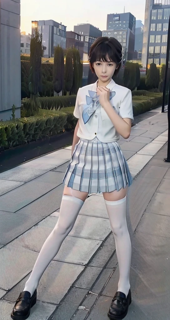 1 **********，Shota，No makeup，short hair，Cover your skirt with your hands，Male characteristics，Unique的，face to face audience，full-body shot，Tokiwadai JK，grey miniskirt，White pantyhose，Sailor Suit，Unique ，roof，City background，Rooftop，8k，Princess shoes，Male physiognomy