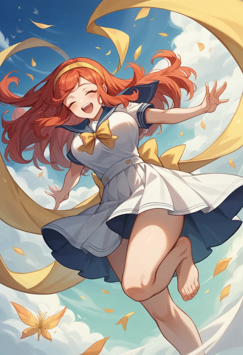 (Very beautiful face and eyes:1.2),(Laugh together),((Big Breasts))、Skirt fluttering in the wind、Fresh Skin、Beautiful feet,Sailor suit、,Redhead、Yellow headband、Hold down your skirt、
(Highest quality,masterpiece:1.2),1 Girl,Looking at the audience,
Natural light,Hair blowing in the wind,Beautifully detailed skies,