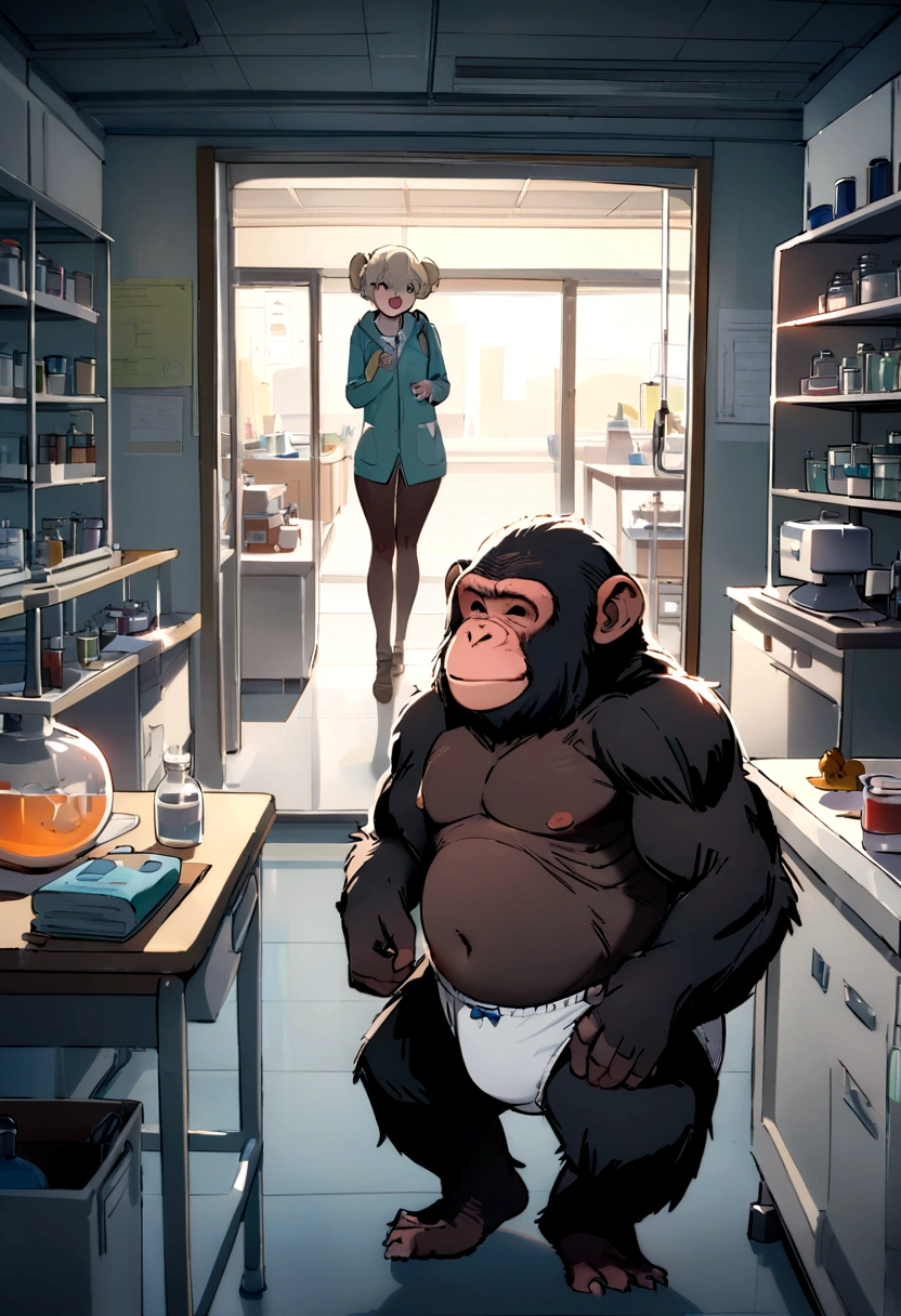 Chimpanzee Monkey, Fluoric, diaper, laboratory, university, body_swap, masterpiece, best quality