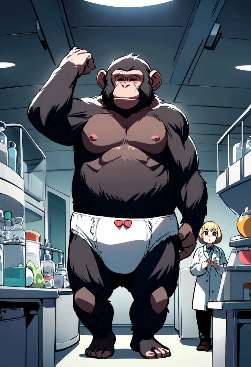 Chimpanzee Monkey, Fluoric, diaper, laboratory, university, body_swap, masterpiece, best quality