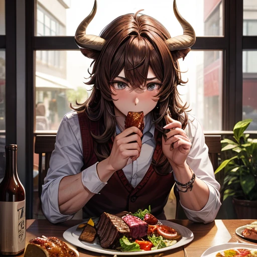Brown-haired minotaur youth eating beef　