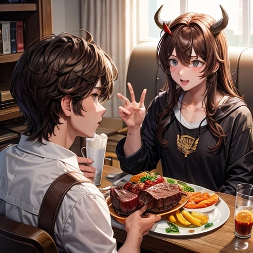Brown-haired minotaur youth eating beef