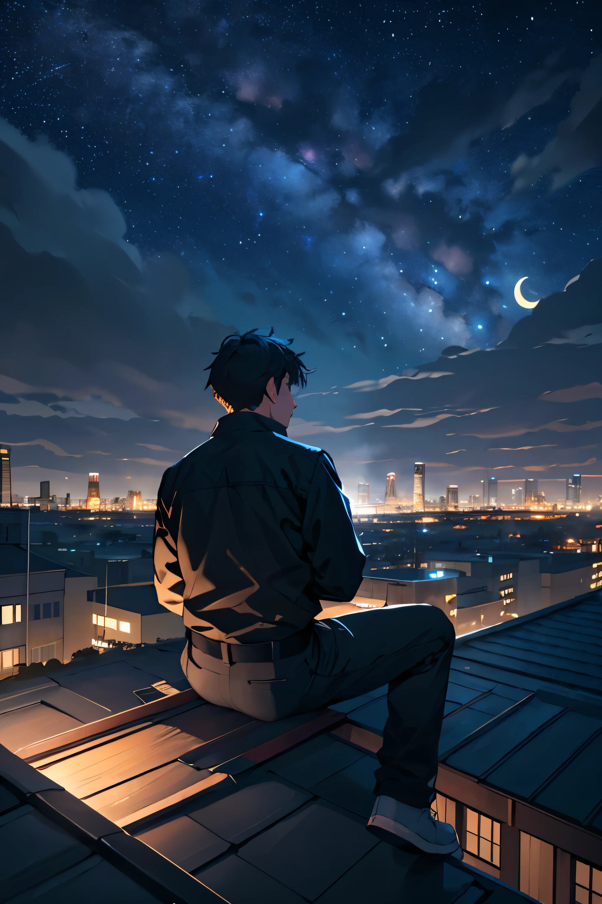 A boy from behind sits on a roof at night, looking at the city lights.. starry sky There is a half moon in the background.. Detailed digital painting, cinema, Atmosphere light, Rooftop setting, 4K resolution. When it rains