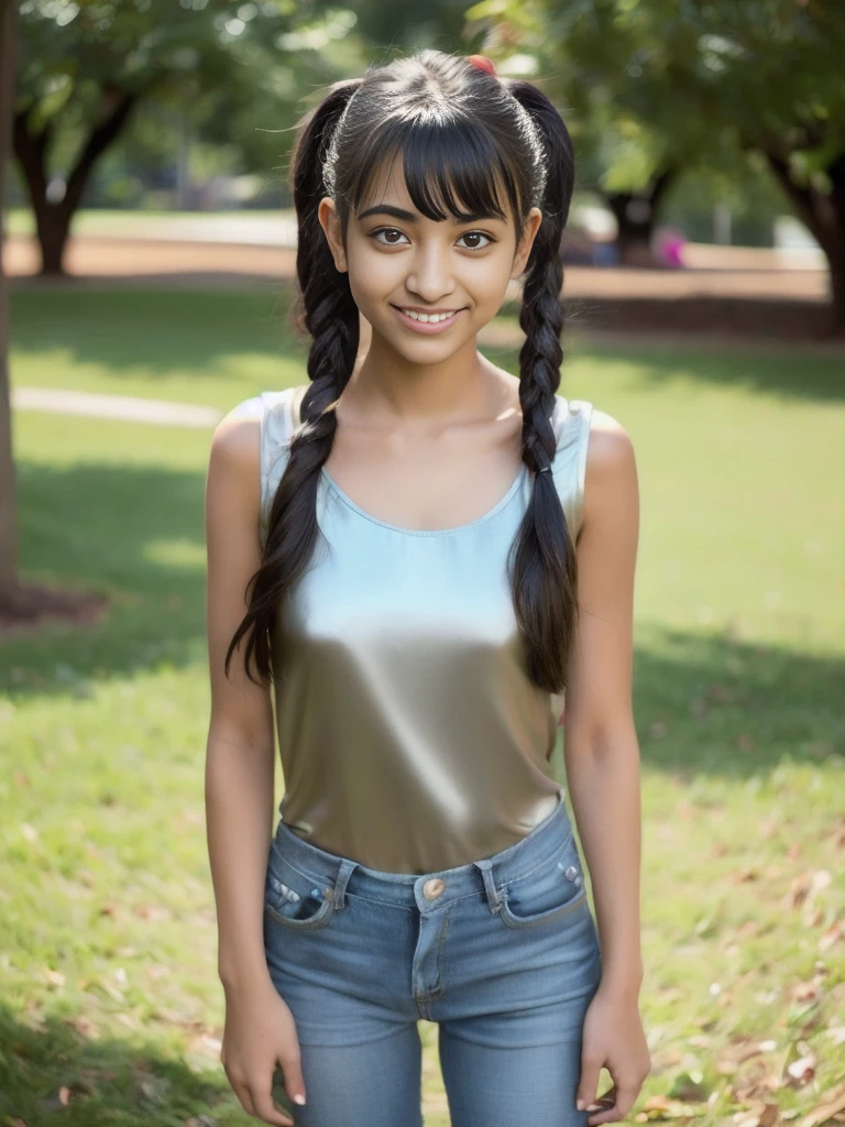 Portrait of an 18 year old cute petit teen, healthy, beautiful Indian girl, 2 ponytails, cute and shy, blush, naughty and playful smile at viewer, (((tight silk top))), jeans pants, full body, bangs,  at the park, sexy, ultra realistic, photorealistic, detailed, fair skin, 8K detailed, [unconcerned, NSFW, ],