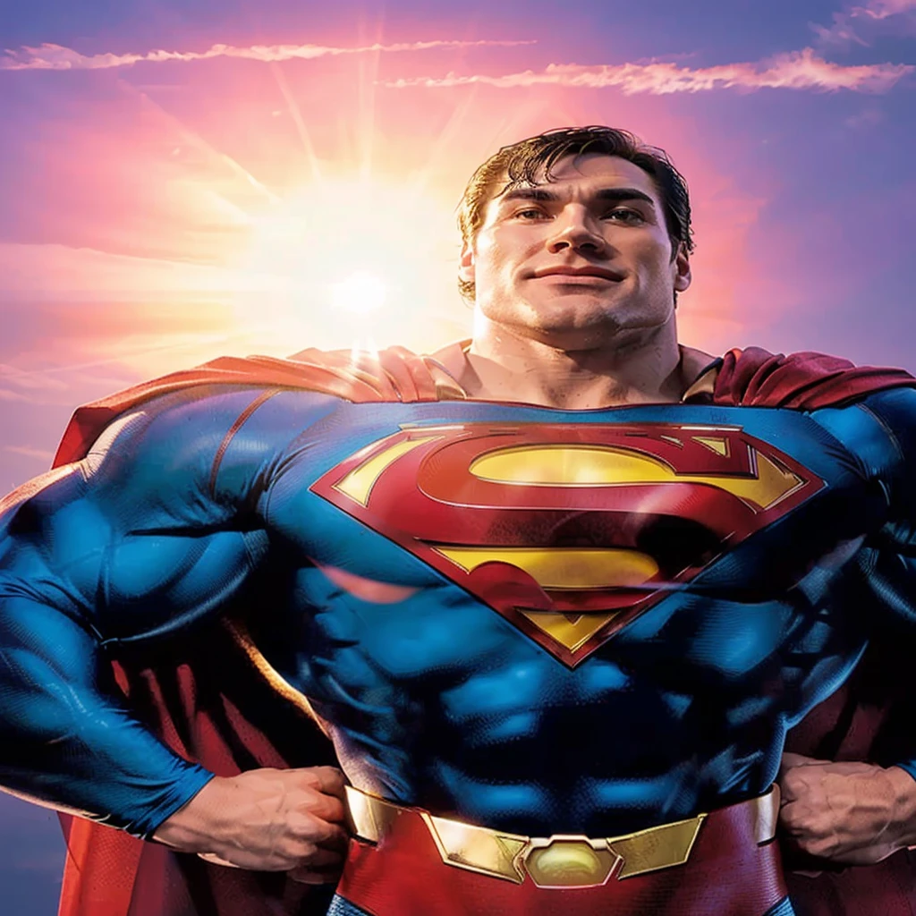 Superman is standing in front of the sun with his hands on his hips., superman, pose de superhombre, sin texto, persona real