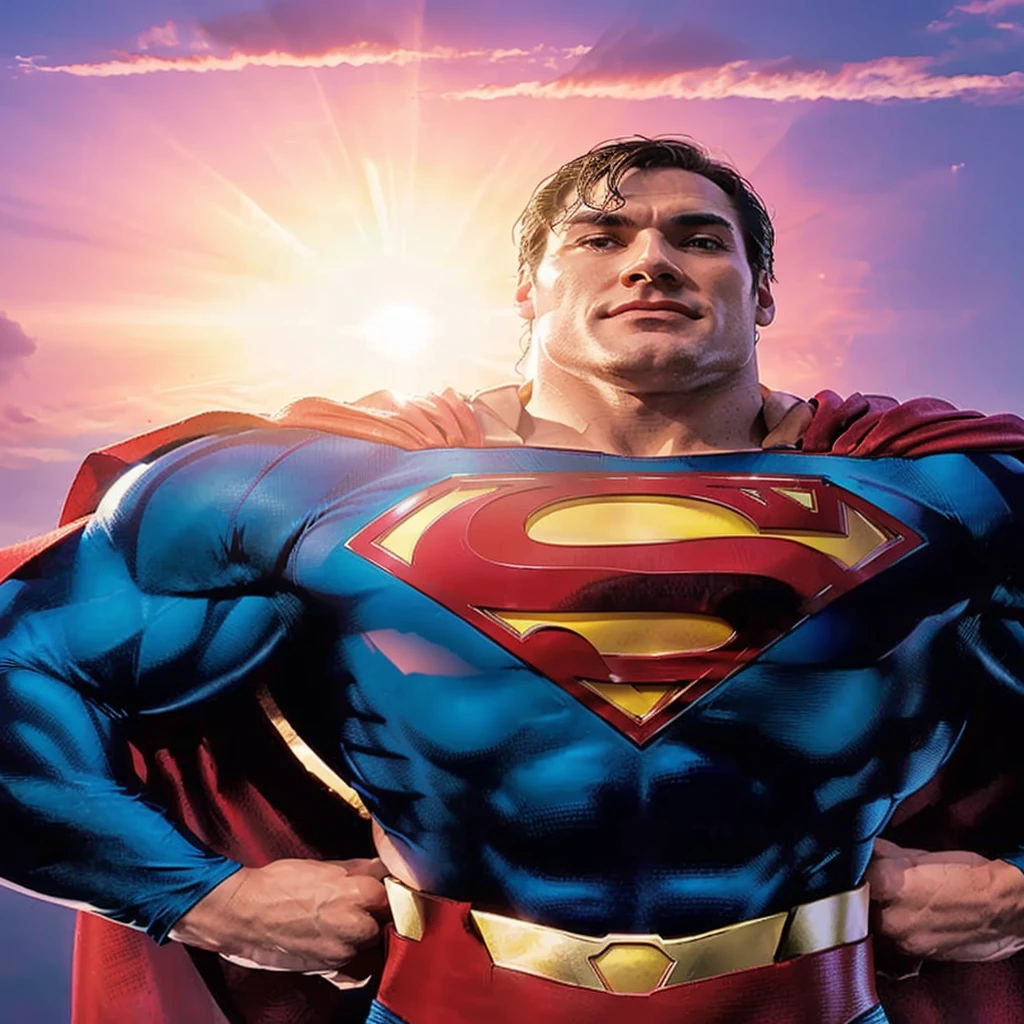 Superman is standing in front of the sun with his hands on his hips., superman, pose de superhombre, sin texto, persona real