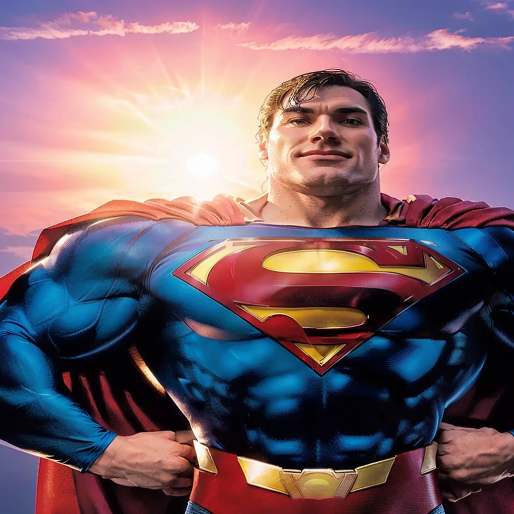 Superman is standing in front of the sun with his hands on his hips., superman, pose de superhombre, sin texto, persona real