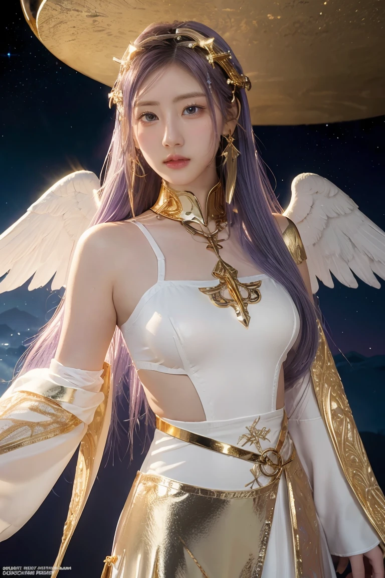 ((masterpiece, best quality, extremely detailed), volumetric lighting, ambient occlusion, colorful, glowing),
1girl, solo, young girl, (purple hair), long hair, halo, aura, sacred, goddess, cleric suit, (white outfit with gold detailst:1.3), angel wings,
outdoors, sunset, sky, clouds, space, (fantasy theme:1.2),