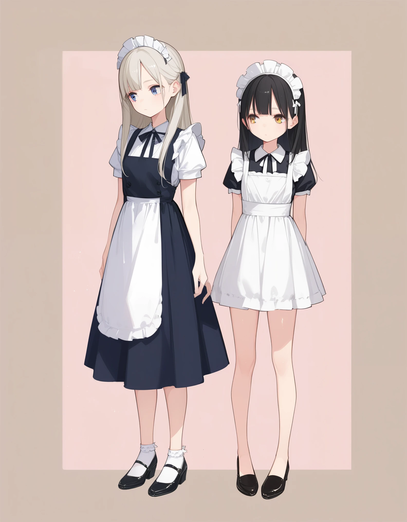 score_9,score_8_up,score_7_up,hadrian,hd5,ama_mitsuki,2girls,multiple girls, thin,skinny,slim,pale skin,shiny skin, expressionless,long hair,full body, simple background, multiple views, from below,skindentation,maid,****