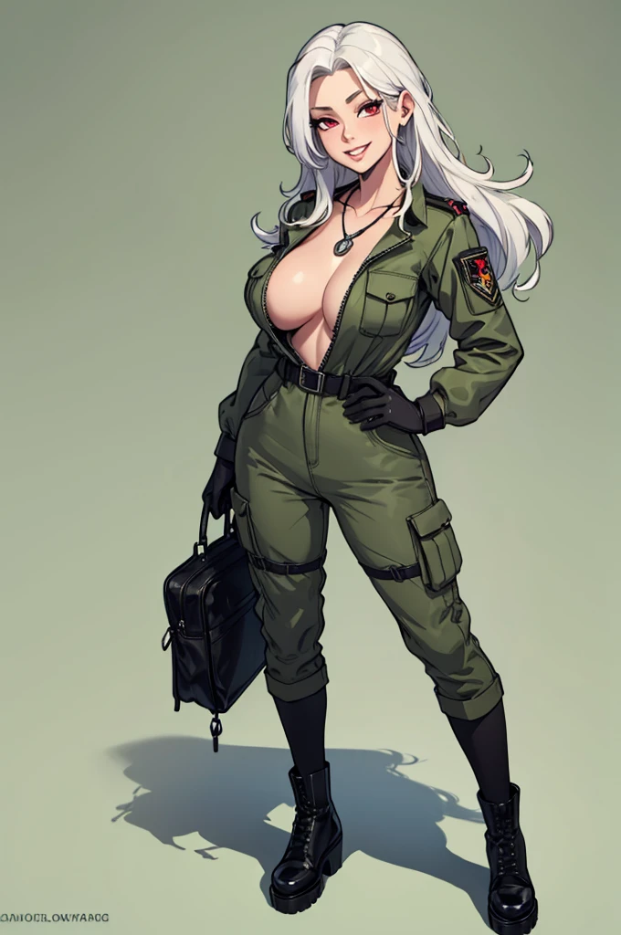 green solid background, 1 woman, best quality, ultra high res, long hair, full lips, white hair, red eyes, military jumpsuit, dog-tag necklace, smiling at viewers, wearing black gloves, wearing black combat boots, double D breast, standing, full body