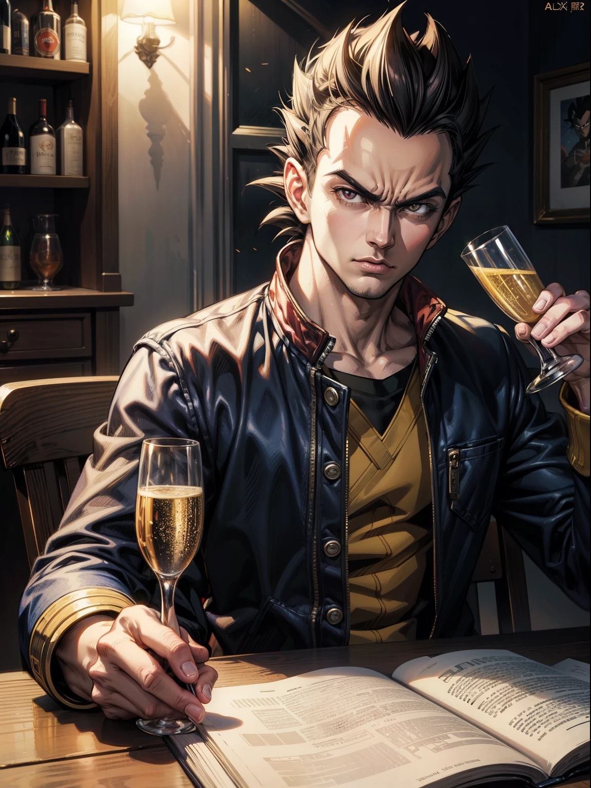 pintura "homem personagen Vegeta DBZ" holding a glass of champagne, It's not Guillem H's style. Pongiluppi, Alex Ross, , Charming hyper-detail realistic character illustrations, Carrie Graber, Quadrinhos, Arte, Anime, manga, Full HD